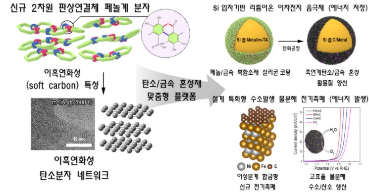 분자 구조 설계, 탄화체 구조 제어, 금속종 도입을 통한 탄소/금속 혼성재 제작과 이의 구조화를 통한 리튬 이온 전지 음극재·수전해 응용을 포함한 전체 흐름 모식도