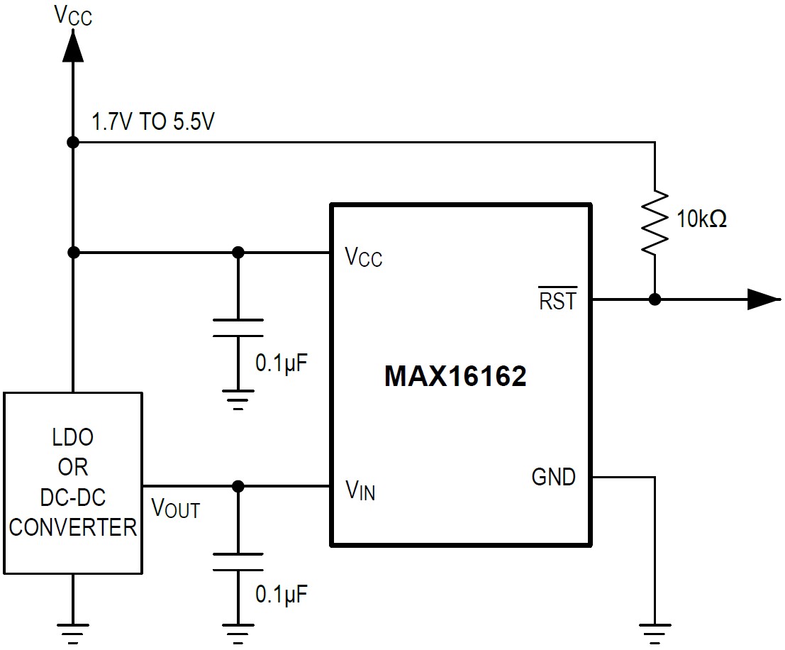 Vcc와 Vin이 분리된 MAX16162의 회로도. Vcc에 1.7V 이상 전원이 공급되면 MAX16162가 작동하고, Vin으로 들어오는 전압(0.6V 이상)을 감지한다