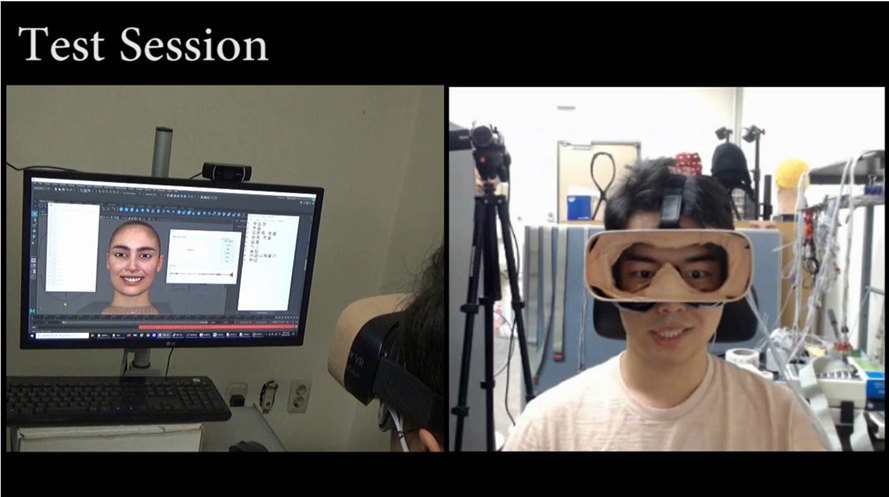시연 동영상 실행 장면. 사용자가 VR 헤드기어를 착용한 상태에서 짓는 표정(오른쪽)이 아바타의 얼굴에 실시간으로 반영돼 나타난다.