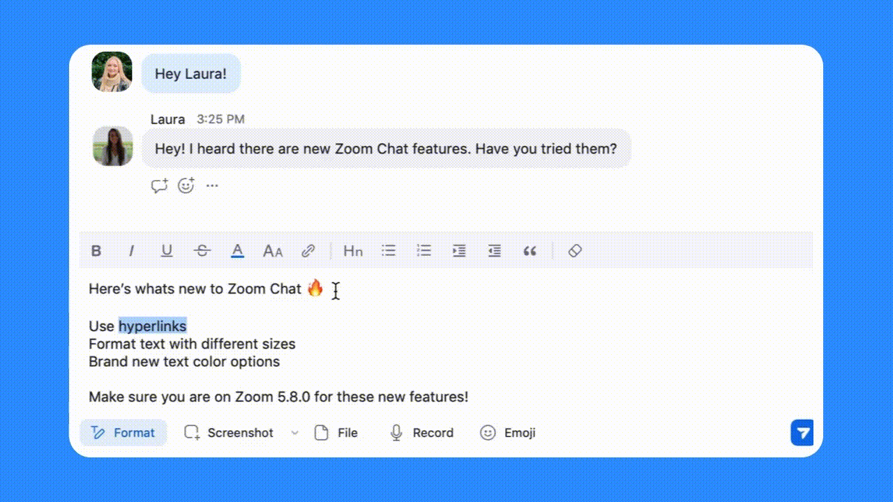 줌 챗 고급 텍스트 서식 설정 적용 예시