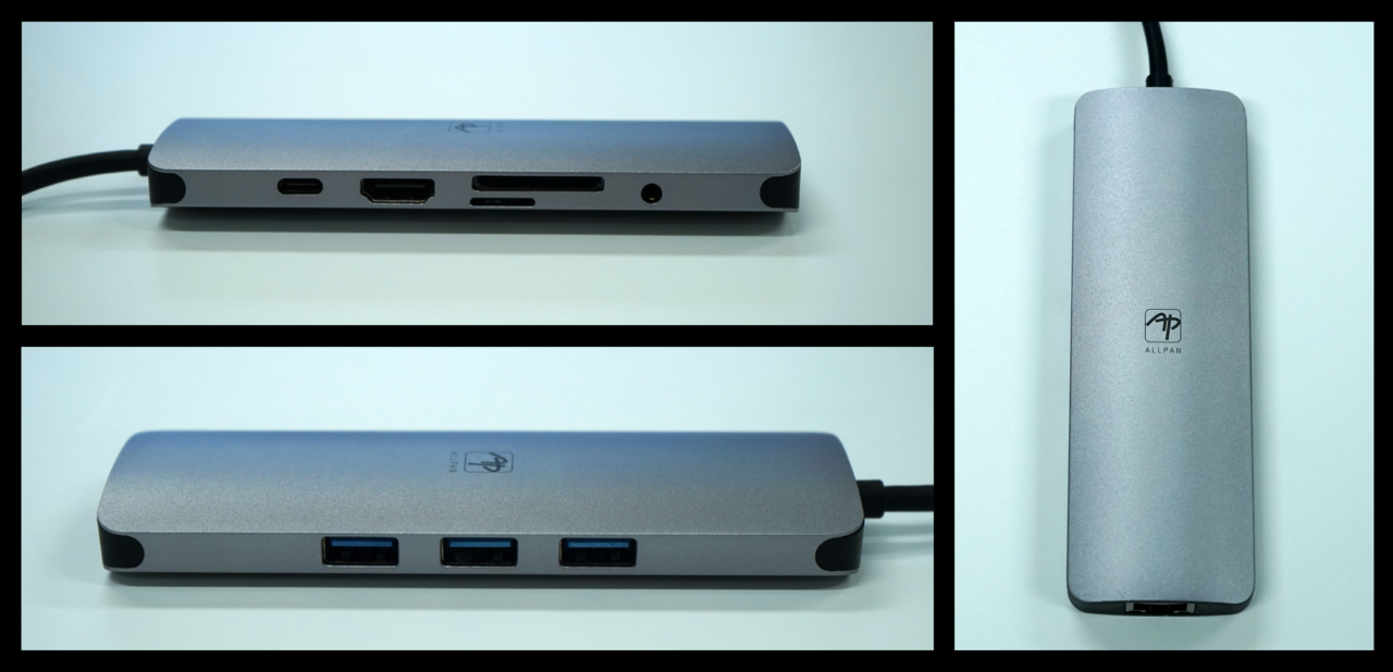 올판(ALLPAN) C타입 9 in 1 멀티허브는 USB Type-A 3.0 3개와 HDMI, UTP(RJ45), SD, Micro SD, AUX, USB Type-C 고속 충전 포트 각각 1개씩을 지원한다