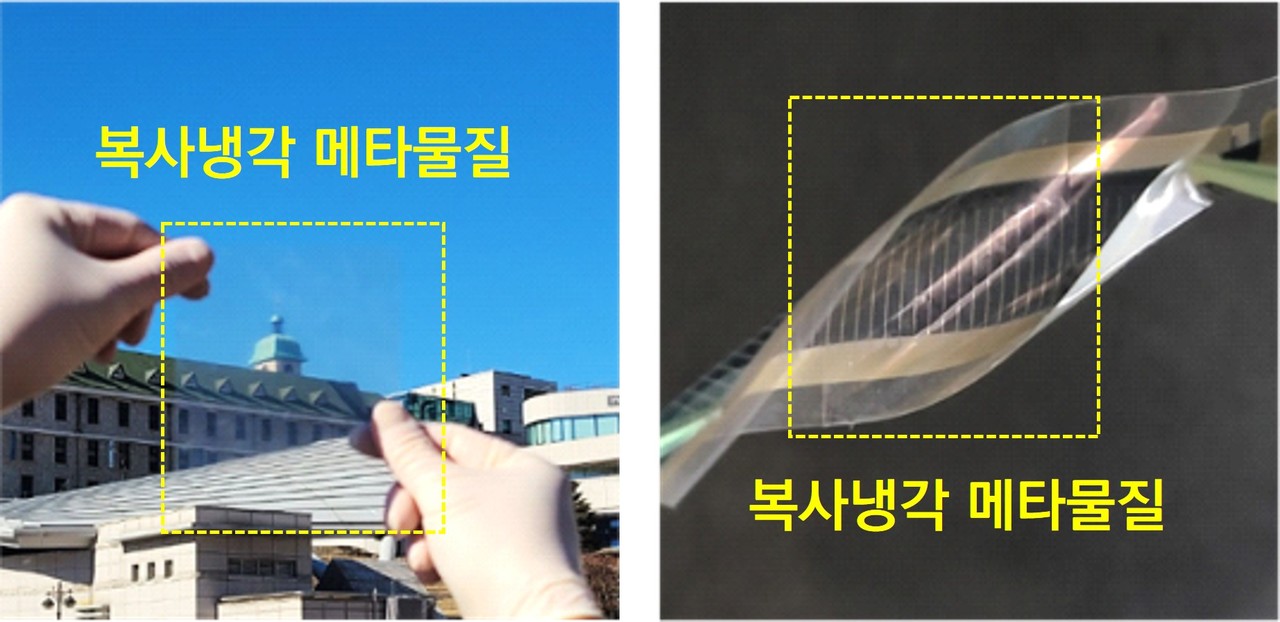 투명한 복사냉각 메타물질 실리카 에어로겔 마이크로입자와 광조절을 위한 소재가 탄소중합체에 복합화돼 투명하면서도 우수한 복사냉각 성능을 보인다.