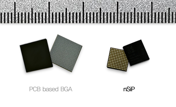 네패스의 재배선 기술을 적용한 nSiP는 기존 SiP(시스템 인 패키지)보다 크기를 30%이상 줄일 수 있다. 사진은 PCB기반 SiP제품(왼쪽)과 네패스 nSiP 제품(오른쪽).