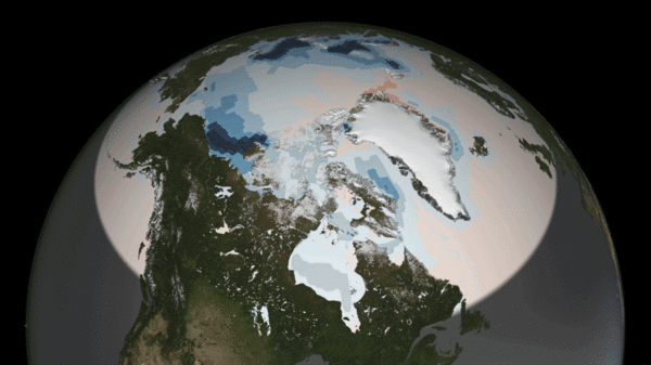 2000년에서 2014년 사이에 북극 지역에서 여름에 빙하와 태양 복사 흡수의 변화. 파란색 부분은 빙하가 줄어든 곳을 나타내고 빨간색 부분은 태양 복사 흡수가 늘어난 곳을 나타낸다. [자료=ADI]