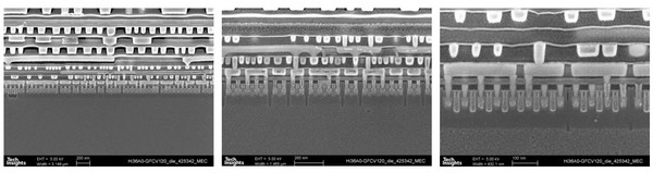 SMIC 7나노 칩의 금속 게이트 및 하부 금속 층에 걸친 SEM 단면 [사진=테크인사이츠]