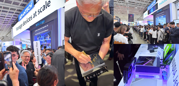 젠슨 황 엔비디아 CEO가 컴퓨텍스 어드밴텍 부스에 방문해 어드밴텍 제품(엔비디아 Jetson Thor 기반의 LLM 가속기 MIC-743)에 사인을 하고 있는 모습. [사진=어드밴텍]