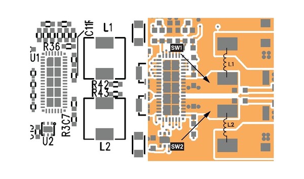 [그림1] Rev1 보드 레이아웃: CH1과 CH2 인덕터가 서로 마주보도록 배치. EMI 성능은 우수하지만 손실이 증가함 [제공=ADI]