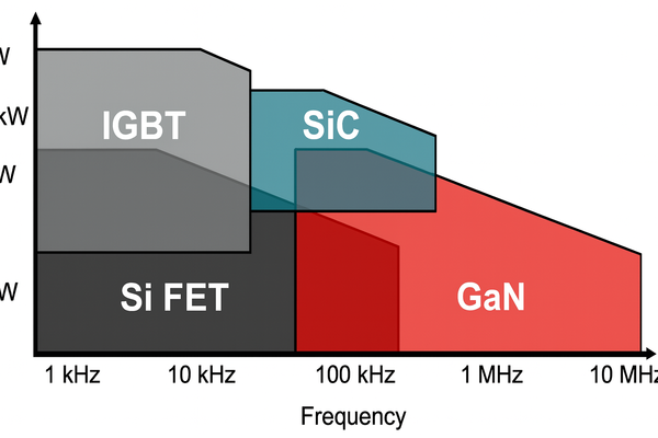 [그림1] IGBT, 실리콘 FET, SiC 및 GaN 스위치의 스위칭 주파수 [제공=TI]