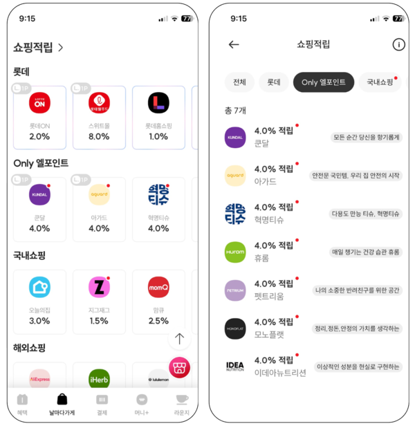 엘포인트 쇼핑적립 Only 엘포인트 메뉴 화면 캡처 [제공=라프디]