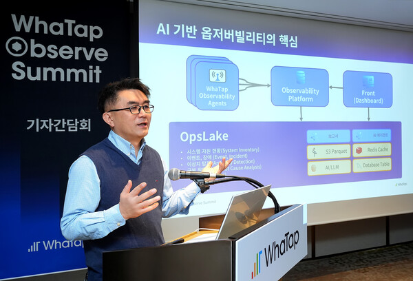 김성조 와탭랩스 CTO는 지난 10년간의 기술 혁신 여정을 돌아보며 앞으로의 10년을 이끌 핵심 비전으로 ‘AI 네이티브 옵저버빌리티(AI-native Observability)’를 제시했다. [제공=와탭랩스]